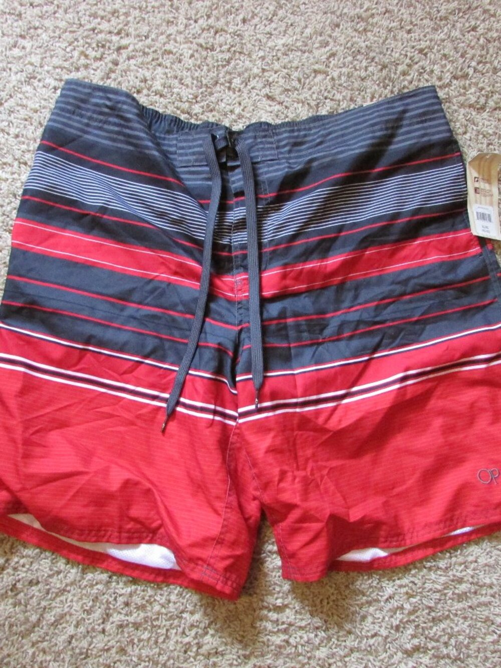 NWT OP XL 40/42 Striped Board Shorts Red/Gray At The Knee 22"